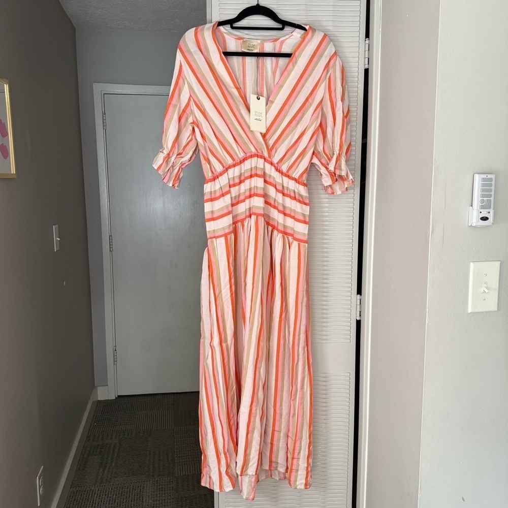 DX Collection Striped Orange and Pink Maxi Dress Drop Waist Cherry